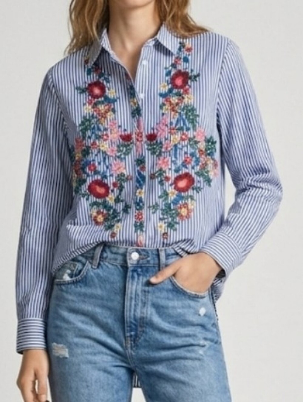 Zara Embroidered Floral Striped Button-Down Shirt Sz. XS
